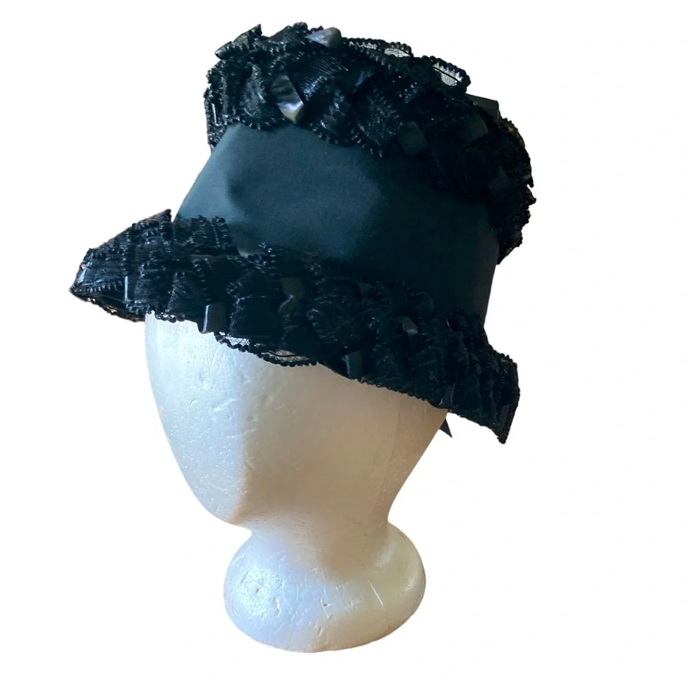 Vintage Straw Hat Bonnet Wide Brim Union USA Made Retro Church Lady Costume Blk - Picture 7 of 7